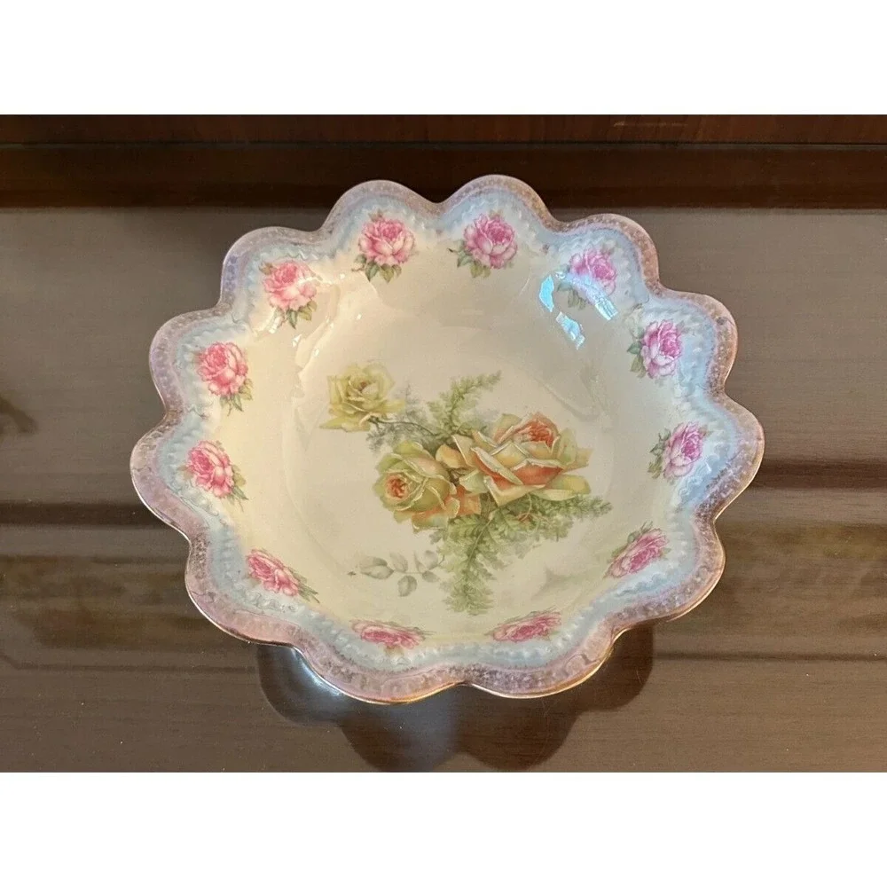 Antique Double Back Stamped MZ Austria & Habsburg BT Co. Floral Ruffle Bowl 11''